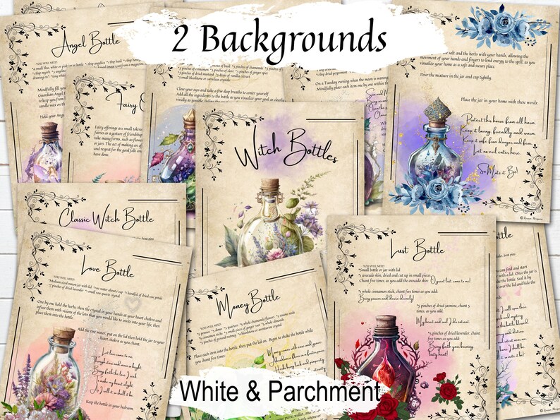 WITCH  BOTTLES Bundle, 12 Original Spells, 17 Pages, Printable Kitchen Witch Spell Bottles, comes with both a white and parchment background - Morgana Magick Spell