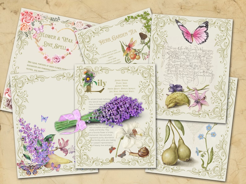 Six Green Witch Journal pages include Lily, 2 fancy floral blank pages, Flower and Wax Love Spell, Herb Garden Tea, and one fancy script floral page - Morgana Magick Spell