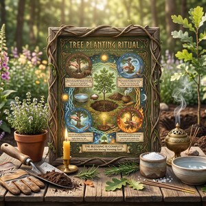Tree planting ritual with framed poster, tools, and plants in a garden setting