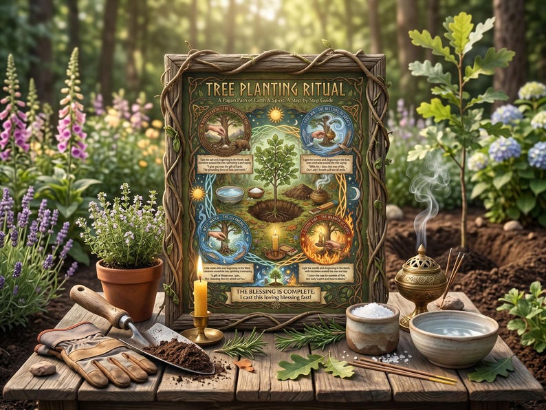 Tree planting ritual with framed poster, tools, and plants in a garden setting