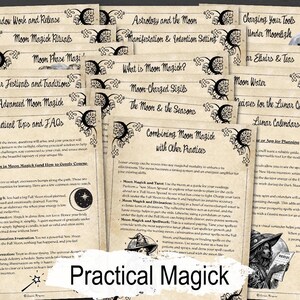 Collection of moon practical magick pages with black text and decorative elements on a parchment  background.