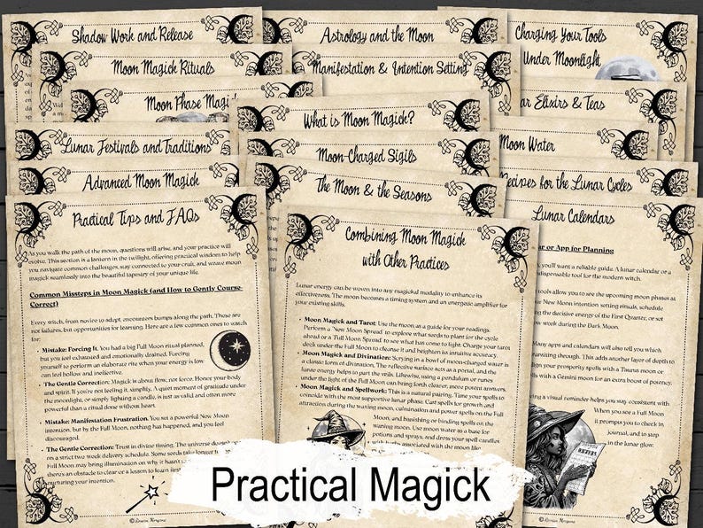 Collection of moon practical magick pages with black text and decorative elements on a parchment  background.