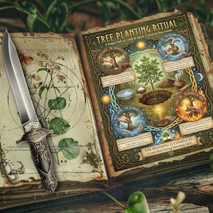 Decorative book of shadows page titled 'Tree Planting Ritual' with a dagger on an old parchment background