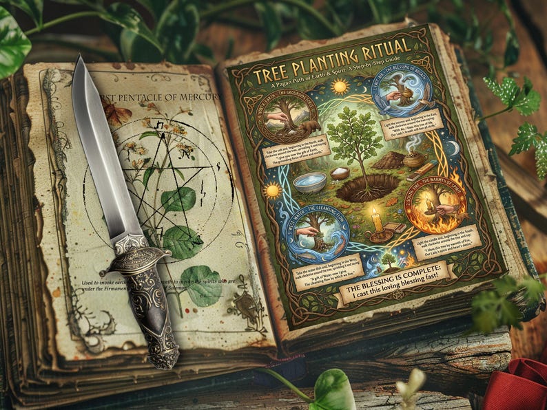 Decorative book of shadows page titled 'Tree Planting Ritual' with a dagger on an old parchment background