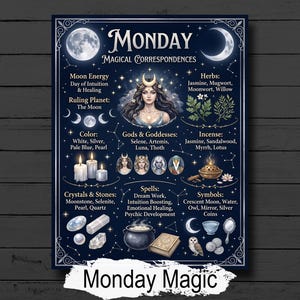 Pode incluir: Um pôster azul marinho com o texto "Monday Magical Correspondences" e ilustrações da lua, ervas, cristais e símbolos. O pôster inclui o texto "Monday Magic" na parte inferior.