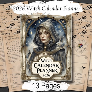 May include: A 2026 Witch Calendar Planner with a portrait of a woman in a hooded cloak. The planner includes monthly calendars, notes sections, and a to-do list. The cover features the text "Witch Calendar Planner 2026" and "13 Pages".