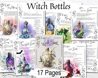 WITCH  BOTTLES BUNDLE, 12 Spells, Kitchen Witch Magic, Protection, Love, Money, Moon Spells, Home Protection, 17 Printable Pages