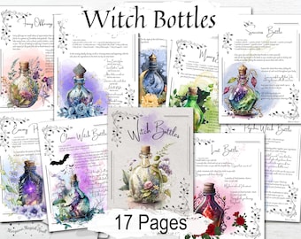 WITCH  BOTTLES BUNDLE, 12 Spells, Kitchen Witch Magic, Protection, Love, Money, Moon Spells, Home Protection, 17 Printable Pages