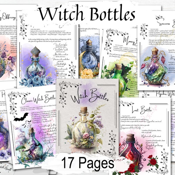 WITCH  BOTTLES BUNDLE, 12 Spells, Kitchen Witch Magic, Protection, Love, Money, Moon Spells, Home Protection, 17 Printable Pages