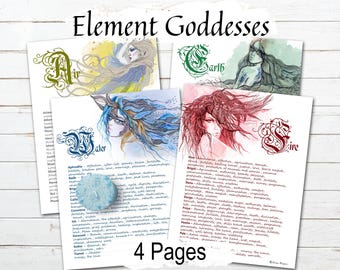 ELEMENT GODDESSES of Earth, Air, Fire & Water, 4 Pages, Goddess Correspondences, Wicca Witchcraft  Elemental Goddess Cheat Sheets Printable