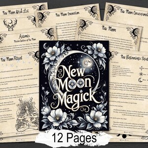 New Moon Magick book with decorative pages on a wooden background