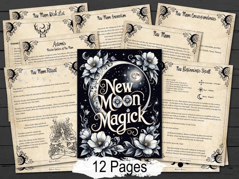New Moon Magick book with decorative pages on a wooden background