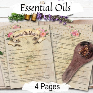 ESSENTIAL OIL Cheat Sheets, Magical Properties & Correspondences, 4 Printable Spellbook Pages, Wicca Aromatherapy Oils, Ritual Supplies