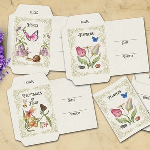 Three printable Green Witch seed packages include one each for herbs, flowers, vegetables, and fruits.  Packages have fancy scroll borders, flowers, butterflies and fruits- Morgana Magick Spell