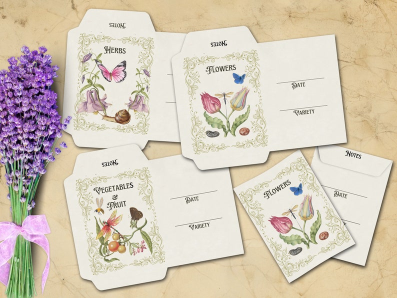 Three printable Green Witch seed packages include one each for herbs, flowers, vegetables, and fruits.  Packages have fancy scroll borders, flowers, butterflies and fruits- Morgana Magick Spell