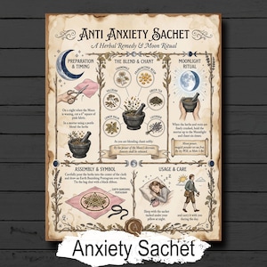 Puede incluir: Un póster ilustrado titulado "Anti Anxiety Sachet" con instrucciones para un remedio herbal y un ritual lunar. El póster presenta ilustraciones de hierbas, un mortero y un pilón, una luna creciente y un pentagrama. El texto incluye "Preparation & Timing".