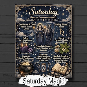 Pode incluir: Um cartaz decorativo com um fundo azul escuro com o texto "Saturday Magical Correspondences". Inclui ilustrações de divindades, cristais, ervas e feitiços. As palavras "Saturday Magic" estão na parte inferior.
