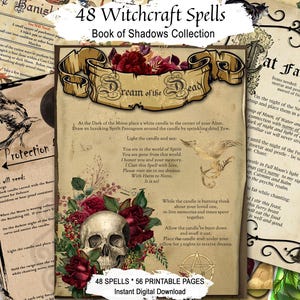 Puede incluir: Una colección de 48 páginas de hechizos de brujería titulada Book of Shadows Collection, con papel estilo pergamino e ilustraciones vintage de calaveras, rosas, gatos y cuervos, junto con instrucciones impresas para diversos rituales mágicos.
