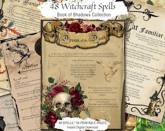 Pode incluir: Uma coleção de 48 páginas de feitiços de bruxaria intitulada Book of Shadows Collection, com papel estilo pergaminho e ilustrações vintage de crânios, rosas, gatos e corvos, juntamente com instruções impressas para vários rituais mágicos.