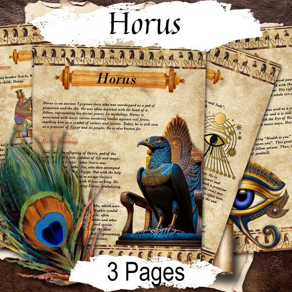 HORUS EGYPTIAN GOD,  Mythology and Lore of the Falcon God of Protection, Ancient Egypt Witchcraft Grimoire, 4 Printable Pages