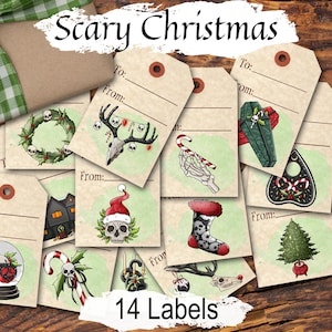SCARY CHRISTMAS Gothic Creepy & Spooky, Add a bit of horror to Christmas Gifts, Scary Yule Winter Solstice Tags, 14 Printable Labels