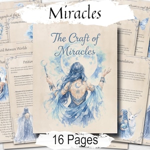 May include: A set of 16-page cards titled "The Craft of Miracles." The central card features a watercolor illustration of a woman with blue hair and a crescent moon staff, set against a moonlit background. Other cards display text and illustrations.