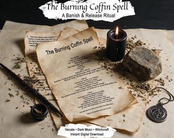 May include: A ritual kit featuring aged parchment paper with the printed text The Burning Coffin Spell, a black pillar candle, a dark stone, a small black bowl, a black wand, and a silver-toned circular pendant with a pentagram design.