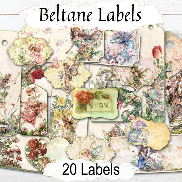 20 BELTANE LABELS Printable Fairy Tags, Witchcraft Botanical Floral Labels, Wicca Sabbat Stickers, Magic Spells Gifts & Altar Decorations,