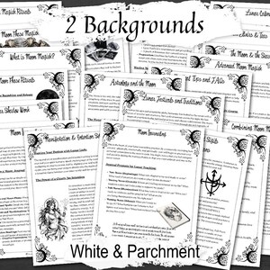 Set of moon-themed pages with text and illustrations on a white background.