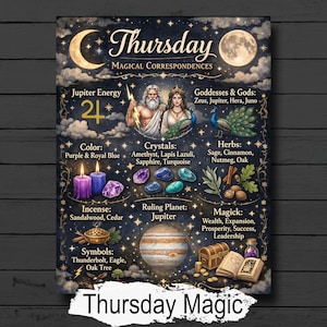 Pode incluir: Um pôster decorativo com o texto "Thursday Magical Correspondences". Apresenta ilustrações de corpos celestes, divindades, cristais, ervas e símbolos. O esquema de cores inclui detalhes em roxo, azul e dourado. O texto "Thursday Magic" está na parte inferior.