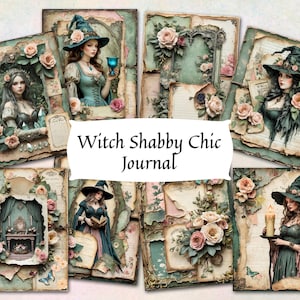 Könnte beinhalten: Eine Sammlung von Shabby Chic Journalen mit Illustrationen von Hexen in Vintage-Kleidung, verziert mit Rosen und Schmetterlingen. Die Journale haben eine abgenutzte, gealterte Ästhetik mit einer Farbpalette aus Türkis, Rosa und Creme. Der Text "Witch Shabby Chic Journal" ist zu sehen.