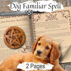 Op de afbeelding: Een open boek met de titel "Dog Familiar Spell" en een golden retriever puppy. Het boek bevat illustraties en tekst, samen met een houten pentagram charme. De woorden "2 Pages" staan onderaan.