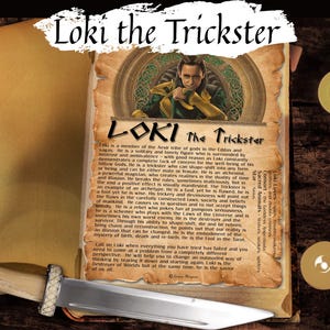 May include: An open book with the title "Loki the Trickster" in a stylized font. The page features an image of a person and text describing Loki. A decorative knife rests on the page, with two lit candles in the background.