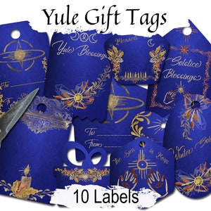 YULE GIFT TAGS, Yule Winter Solstice Labels, Elegant Blue Labels, 10 Printable Gift Stickers