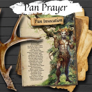 May include: A vintage book with a faded, yellowed page featuring a poem titled "Pan Prayer" and "Pan Invocation". The poem is about the god Pan, who is depicted in a colorful illustration with antlers, a goat-like body, and a leafy crown. The background is a lush forest scene.