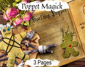 May include: An image featuring a handmade yellow poppet doll with button eyes and a black string design, alongside dried roses, a vintage book, and the text "Poppet Magick Healing Popper". The image also includes a tag with herbs.