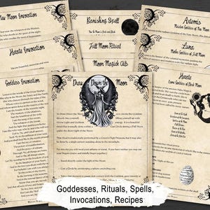 Set of parchment pages about moon goddesses, rituals, spells, invocations and recipes, on a wooden surface
