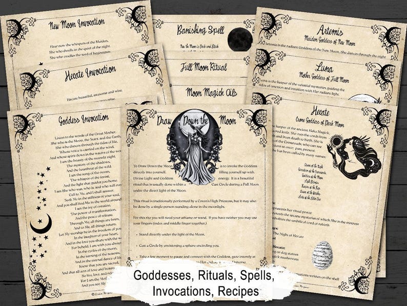 Set of parchment pages about moon goddesses, rituals, spells, invocations and recipes, on a wooden surface