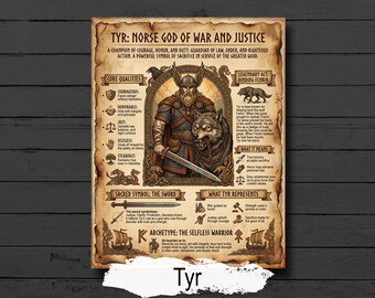Tyr Infographic: Norse God Mythology, Viking Printable Book of Shadows Page