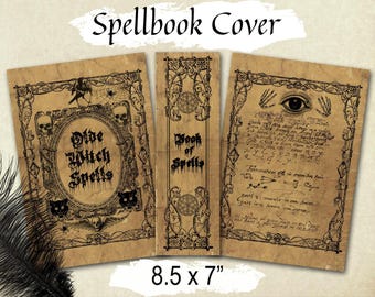 SPELL BOOK COVER, Printable Old Witchcraft Cover for Grimoire, Book of Shadows or Journal,  7x8.5", 4.5x 5.5",   3.55x4.5",   2.75 x 3.5"
