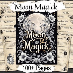 Pages titled 'Moon Magick' with decorative cover and multiple pages displayed on a dark background.
