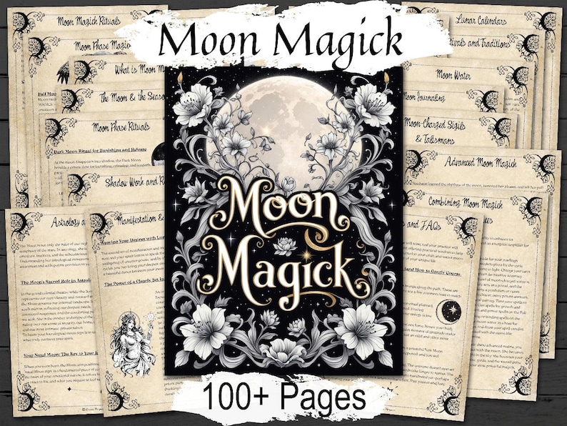 Pages titled 'Moon Magick' with decorative cover and multiple pages displayed on a dark background.