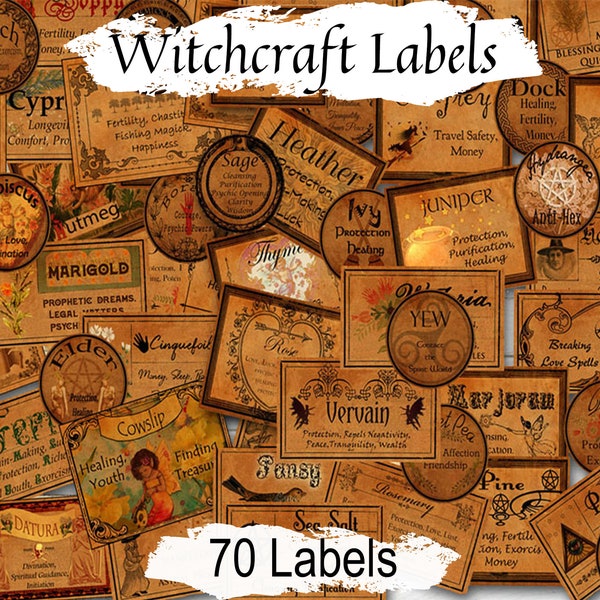 70 WITCHCRAFT LABELS, Wicca Witch Apothecary Labels for Herbs, Printable Tags include the Magical Properties of each plant