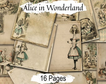 WONDERLAND JOURNAL, Printable Alice in Wonderland Fantasy, Shabby Vintage Stationary, Cheshire Cat, White Rabbit, Queen of Hearts, 16 Pgs