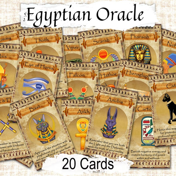EGYPTIAN ORACLE, 20 Printable Cards,  Inspirational Deck with Messages from the Divine Spirit of Egyptian Gods
