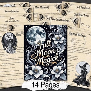 Full Moon Magick pages with decorative pages on a wooden surface