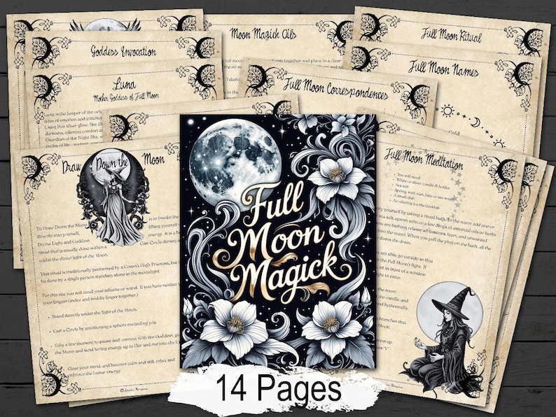 Full Moon Magick pages with decorative pages on a wooden surface