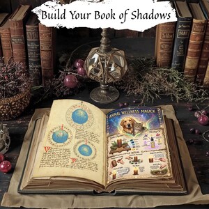 May include: An open book titled Build Your Book of Shadows featuring an Animal Wellness Magick page with illustrations of a dog and cat, surrounded by vintage books, candles, and dried botanicals on a dark surface with a central lamp.