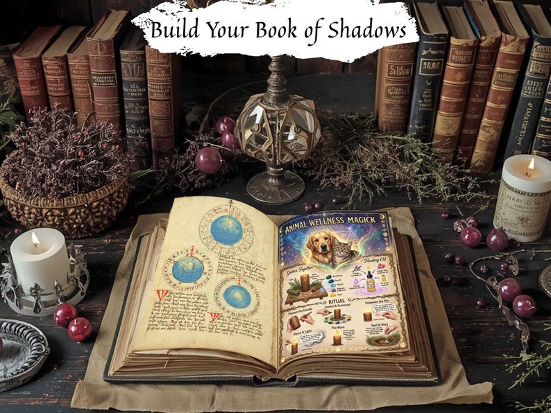 May include: An open book titled Build Your Book of Shadows featuring an Animal Wellness Magick page with illustrations of a dog and cat, surrounded by vintage books, candles, and dried botanicals on a dark surface with a central lamp.