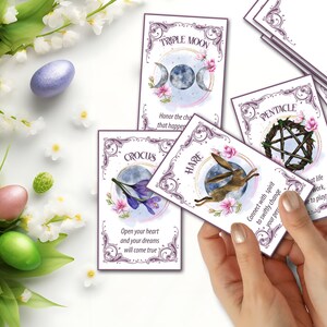 OSTARA ORACLE CARDS, Printable Tarot Messages, Triple Moon, Pentacle, Hare and Crocus placed in a reading spread - Morgana Magick Spell